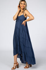 Navy Blue Ruffle Tier Hi-Low Dress