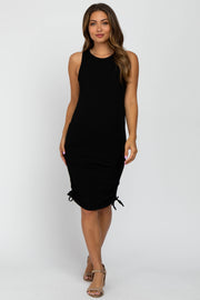 Black Ribbed Sleeveless Ruched Maternity Dress