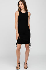 Black Ribbed Sleeveless Ruched Dress