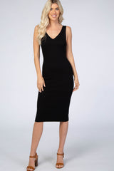 Black Knit Ribbed V-Neck Fitted Dress