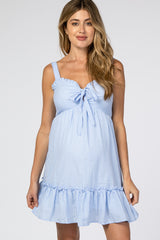 Light Blue Checkered Sweetheart Neck Front Tie Maternity Dress