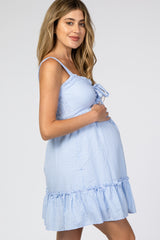 Light Blue Checkered Sweetheart Neck Front Tie Maternity Dress