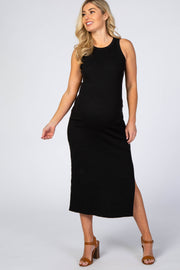 Black Ribbed Fitted Maternity Midi Dress