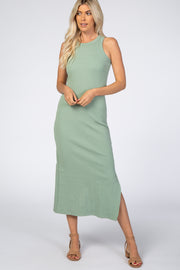 Light Olive Ribbed Fitted Midi Dress