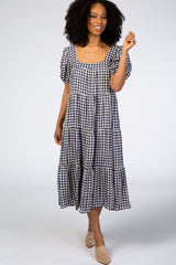 Navy Checkered Square Neck Midi Dress