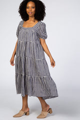 Navy Checkered Square Neck Midi Dress