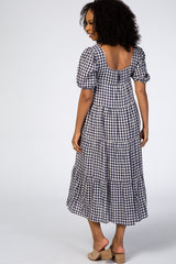 Navy Checkered Square Neck Midi Dress