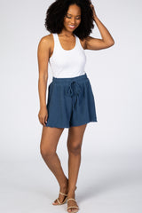 Blue Raw Hem Linen Shorts