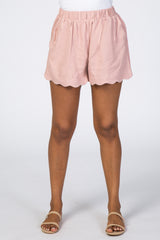 Light Pink Scalloped Hem Linen Shorts