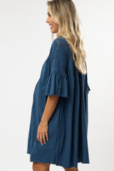 Navy Blue Button Down Ruffle Sleeve Maternity Dress