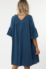 Navy Blue Button Down Ruffle Sleeve Maternity Dress