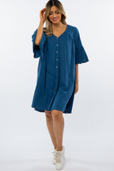 Navy Blue Button Down Ruffle Sleeve Dress