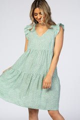 Dark Mint Printed V-Neck Tiered Dress