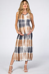 Mocha Navy Tie Dye Maternity Midi Dress