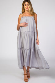 Blue Tie Strap Ruffle Maternity Maxi Dress