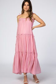 Pink Tie Strap Ruffle Maternity Maxi Dress