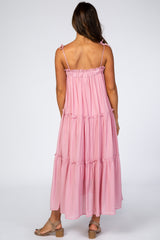 Pink Tie Strap Ruffle Maxi Dress