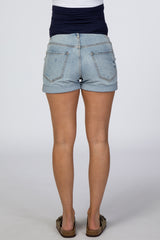 Light Blue Distressed Rolled Cuff Maternity Jean Shorts