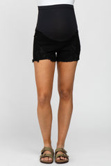 Black Distressed Fringe Hem Maternity Jean Shorts