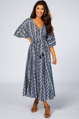 Navy Printed V-Neck Midi Dress