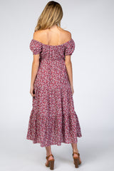 Mauve Floral Off Shoulder Tiered Maternity Dress