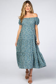 Teal Floral Off Shoulder Tiered Maternity Dress