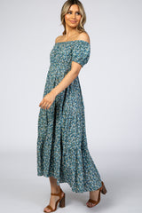 Teal Floral Off Shoulder Tiered Dress