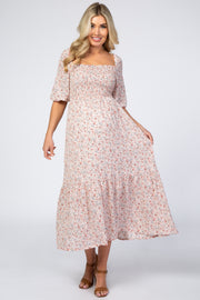 Light Pink Floral Smocked Maternity Midi Dress