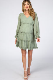 Light Olive Dot Print Ruffle Tier Maternity Dress