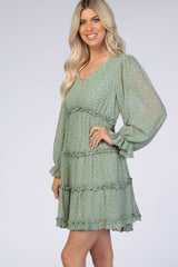 Light Olive Dot Print Ruffle Tier Dress