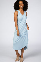 Light Blue V-Neck Sleeveless Maternity Midi Dress