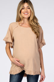 Taupe Short Sleeve Fringe Ruffle Trim Maternity Blouse