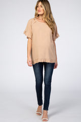 Taupe Short Sleeve Fringe Ruffle Trim Maternity Blouse