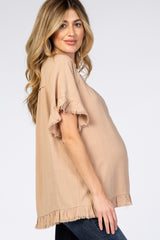 Taupe Short Sleeve Fringe Ruffle Trim Maternity Blouse