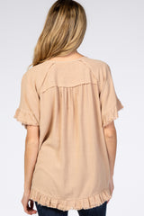 Taupe Short Sleeve Fringe Ruffle Trim Maternity Blouse