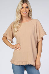 Taupe Short Sleeve Fringe Ruffle Trim Maternity Blouse