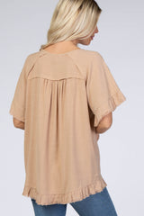 Taupe Short Sleeve Fringe Ruffle Trim Blouse