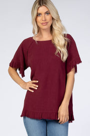 Burgundy Short Sleeve Fringe Ruffle Trim Blouse