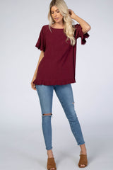 Burgundy Short Sleeve Fringe Ruffle Trim Blouse