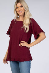 Burgundy Short Sleeve Fringe Ruffle Trim Blouse