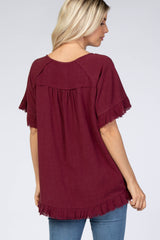 Burgundy Short Sleeve Fringe Ruffle Trim Blouse