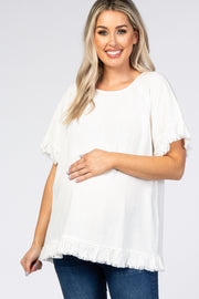 White Short Sleeve Fringe Ruffle Trim Maternity Blouse