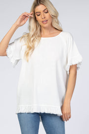 White Short Sleeve Fringe Ruffle Trim Blouse