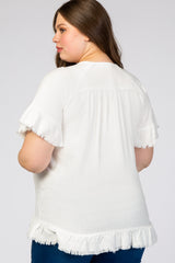 White Short Sleeve Fringe Ruffle Trim Plus Maternity Blouse