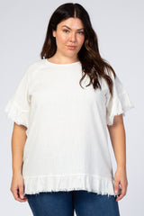 White Short Sleeve Fringe Ruffle Trim Plus Maternity Blouse