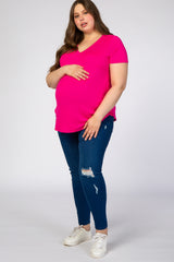 Fuchsia V-Neck Short Sleeve Maternity Plus Top