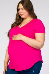 Fuchsia V-Neck Short Sleeve Maternity Plus Top