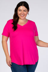 Fuchsia V-Neck Short Sleeve Plus Top