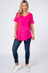 Fuchsia V-Neck Short Sleeve Maternity Top