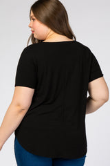 Black Button Front Maternity Plus Short Sleeve Top